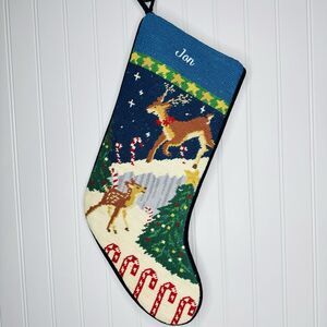 Land’s End JAN Wool Needlepoint Deer Fawn Winter Scene Snow Christmas Stocking